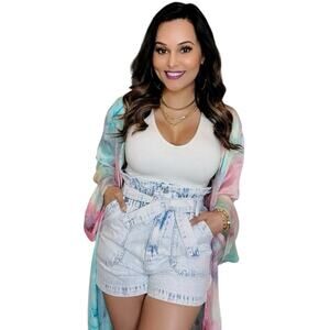 1X Skies Are Blue Curvy Paper Bag Tie High Waist Jean Shorts Light Acid Wash